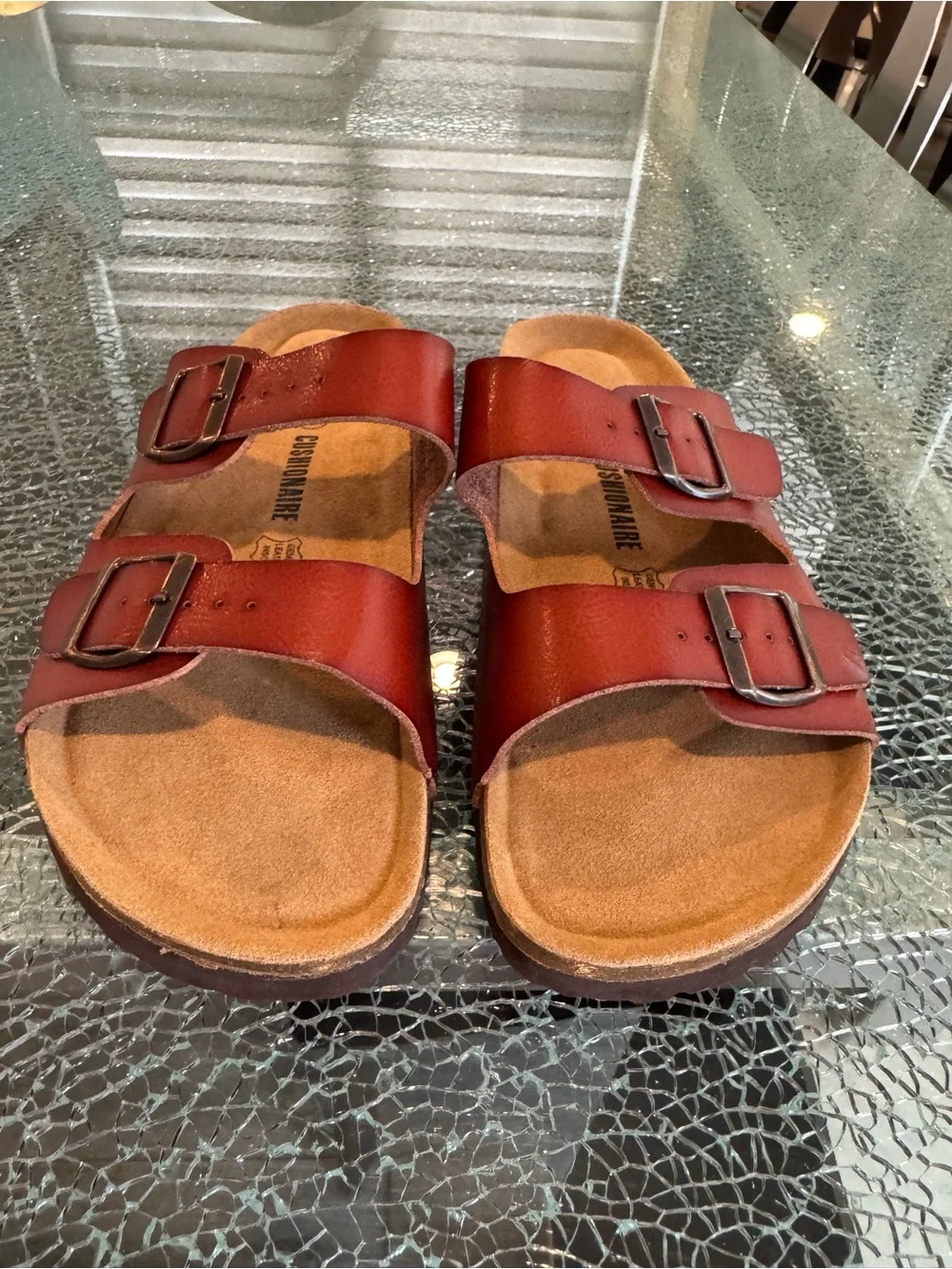 Cushionaire Double-Buckle Slide Sandals in Brown 10 W